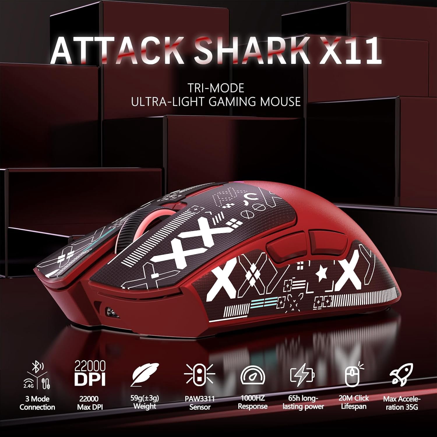 ATTACK SHARK X11 Wireless Gaming Mouse with RGB Magnetic Charging Dock, PixArt PAW3311 Sensor, Ultralight 59g Tri-Mode Gaming Mouse with Tape, Wired/2.4G/BT, 22K DPI for PC/Mac-Red&Tape