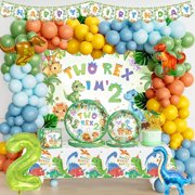 Two Rex Birthday Decorations Boy, Dinosaur 2nd Birthday Decorations for Boys, Dino Themed 2 Year Old Birthday Party Supplies Backdrop Balloon Banner Tablecloth Cake Topper Plates Napkins Forks