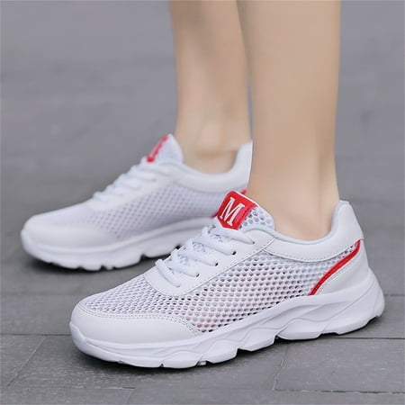 

YTJX Fashion Summer Women Sneakers Mesh Hollowed Breathable Comfortable Lightweight Lace Up Flat Bottom