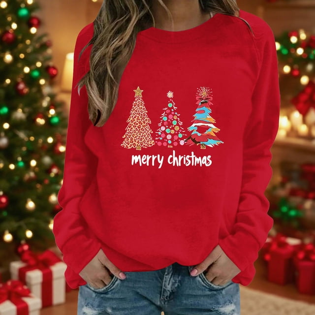 BEFOKA Chandail Grande Taille Hauts de Noël pour Femmes Vêtements de Noël pour Femmes Col Rond Imprimé Arbre de Noël Manches Longues Raglan Tunique Tendance Tenues Vêtements Cadeaux de Noël T-Shirt Hauts