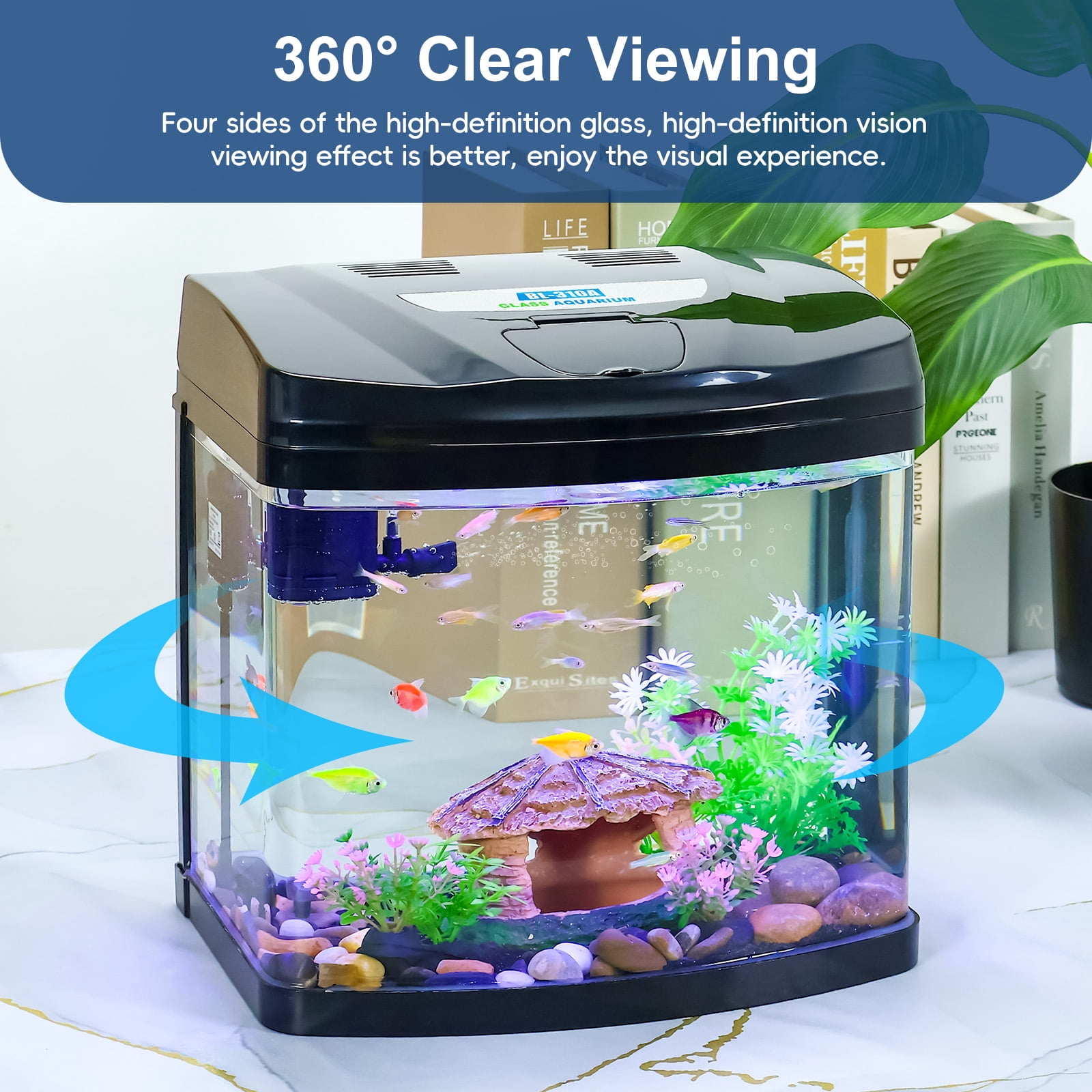 3 Gallon Betta Fish Tank Kit with Eco-Cycle Filtration & LED Lighting – Glass Aquarium Featuring Flip-Top Feeding Port, 360° Clear View, Air Pump, and Integrated Filter
