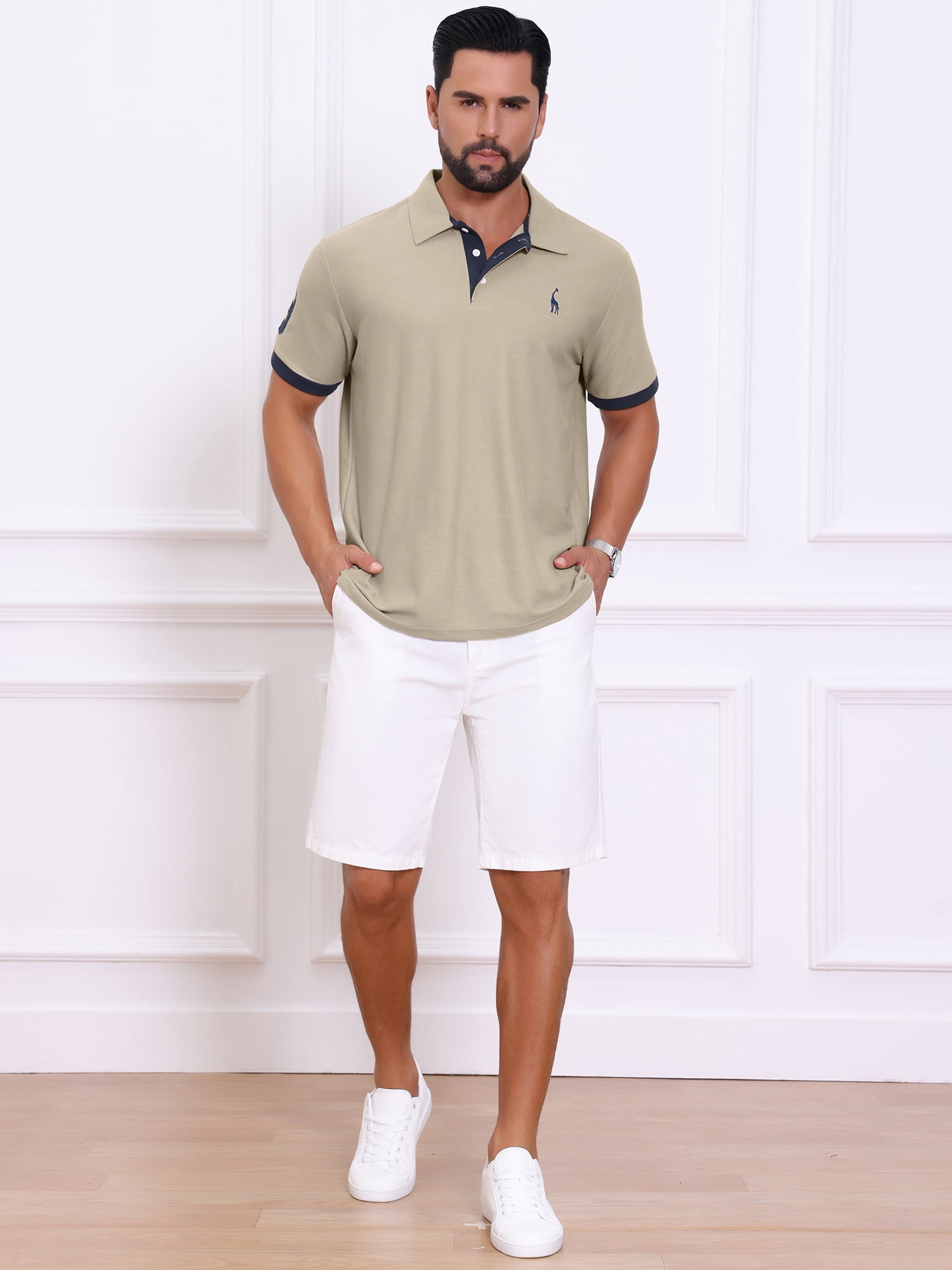 DARING DIVA Men's Pique Contrast Color Short Sleeve Golf Polo Shirts L Khaki