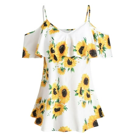 

JDEFEG 34B Shelf Bra Printed Sleeve Sunflower Ruffles Short Women Plus Camis Cold Shouder Size Blouse Women s Blouse Business Casual Shirt Women Polyester White Xxl