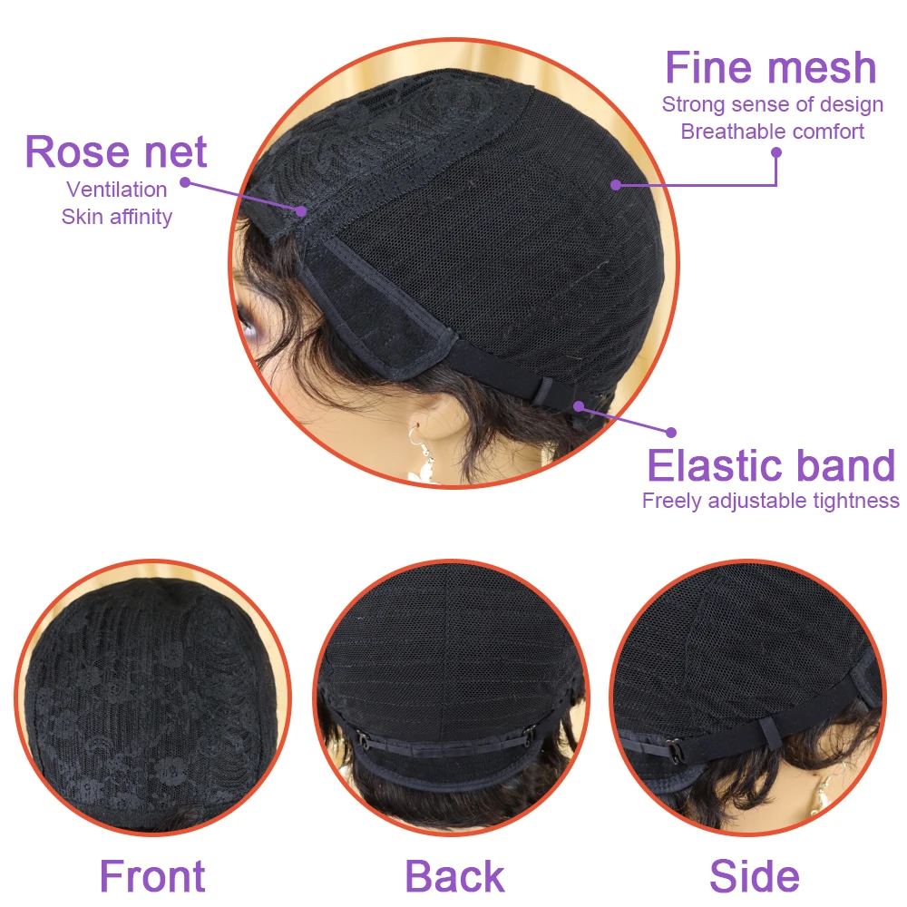 Short Pixie Cut Wigs for Black Women Mommy Brazilian Finger Ocean Wave Remy Human Hair Cheap Wig for Party Natural Black Color Full Machine Made
