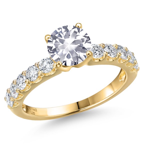 Gem Stone King 14K Yellow Gold White Created Sapphire and Lab Grown Diamond Engagement Ring for Women | 1.65 Cttw | Round 6MM | Gemstone September Birthstone | Size 6