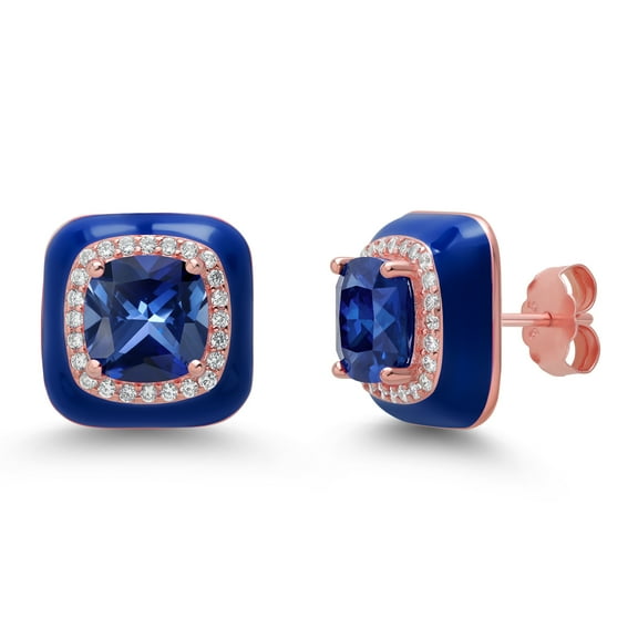 Gem Stone King Made in Italy 18K Rose Gold Plated Silver Blue Simulated Tanzanite Blue Enamel Earrings for Women | 8MM Cushion | 1/2 inch