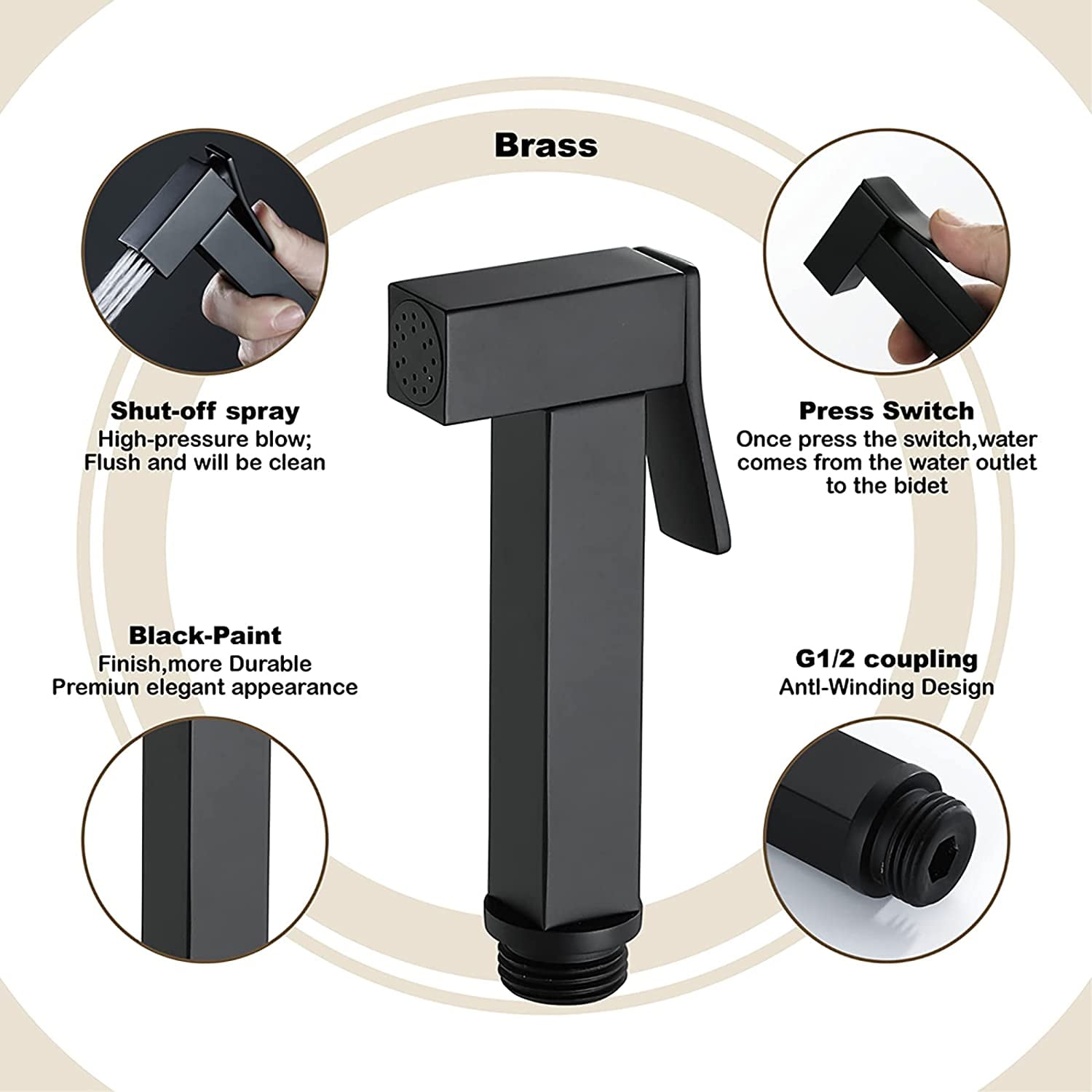 Handheld Bidet Sprayer for Toilet, Black Baby Cloth Diaper Washer Set Brass Bathroom Sprayer Kit Wall Mounted Single Handle Multifunctional Bathroom Bidet Faucet with Anti Leaking Hose
