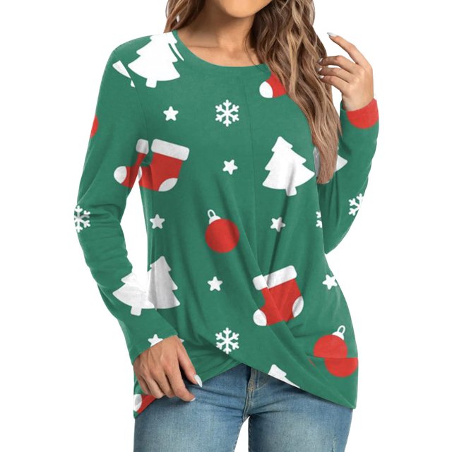 Tops Navideños Para Mujer Blusas de Manga Larga Estampado Casual Cuello Redondo Túnica Camisa Delantera Slim Odeerbi ODB190949