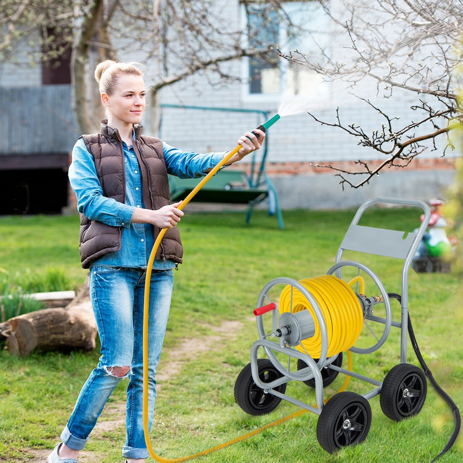 Topbuy 4-Wheel Garden Water Hose Reel Cart, Heavy Duty Wheel Water Planting Cart with Non-slip Crank Handle, Outdoor Slide Hose Guide System Grey