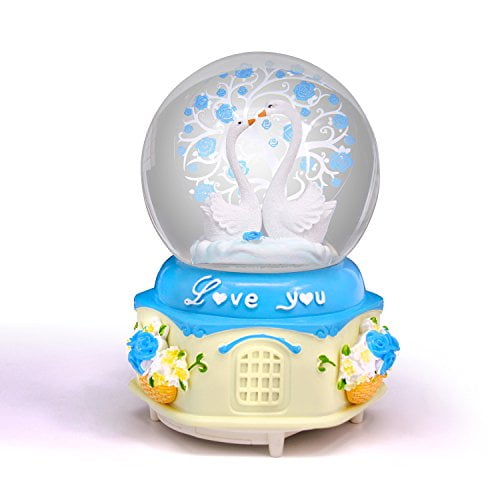 ANQIA Pink Cherry Blossom Tree of Life Musical Snow Globe 100mm Resin Water Globe with Color Changed Led Light