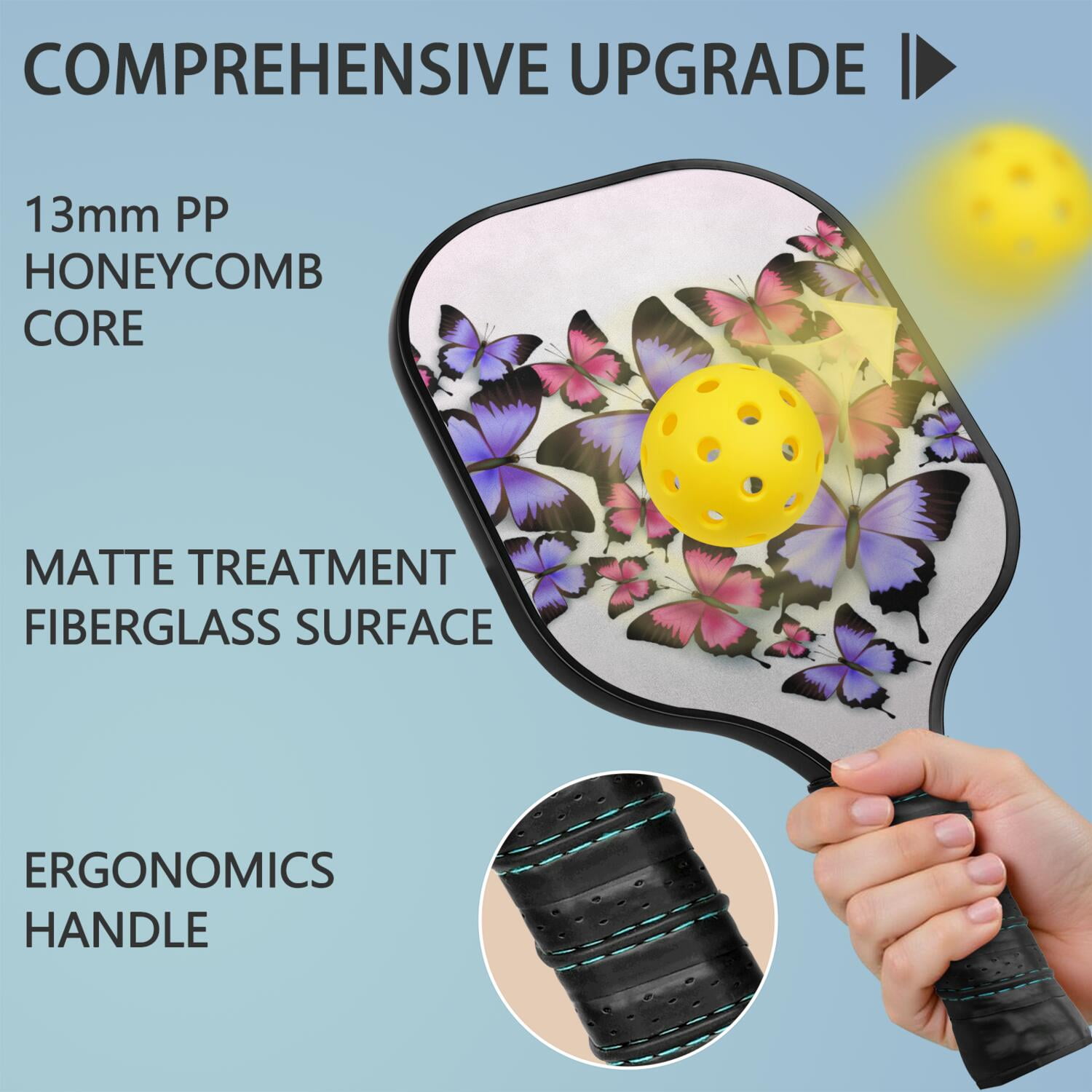 Pickleball Paddles Set Of 1, Fiberglass Surface, Boho Butterfly Decor, 1 Paddle, 2 Balls & Bag