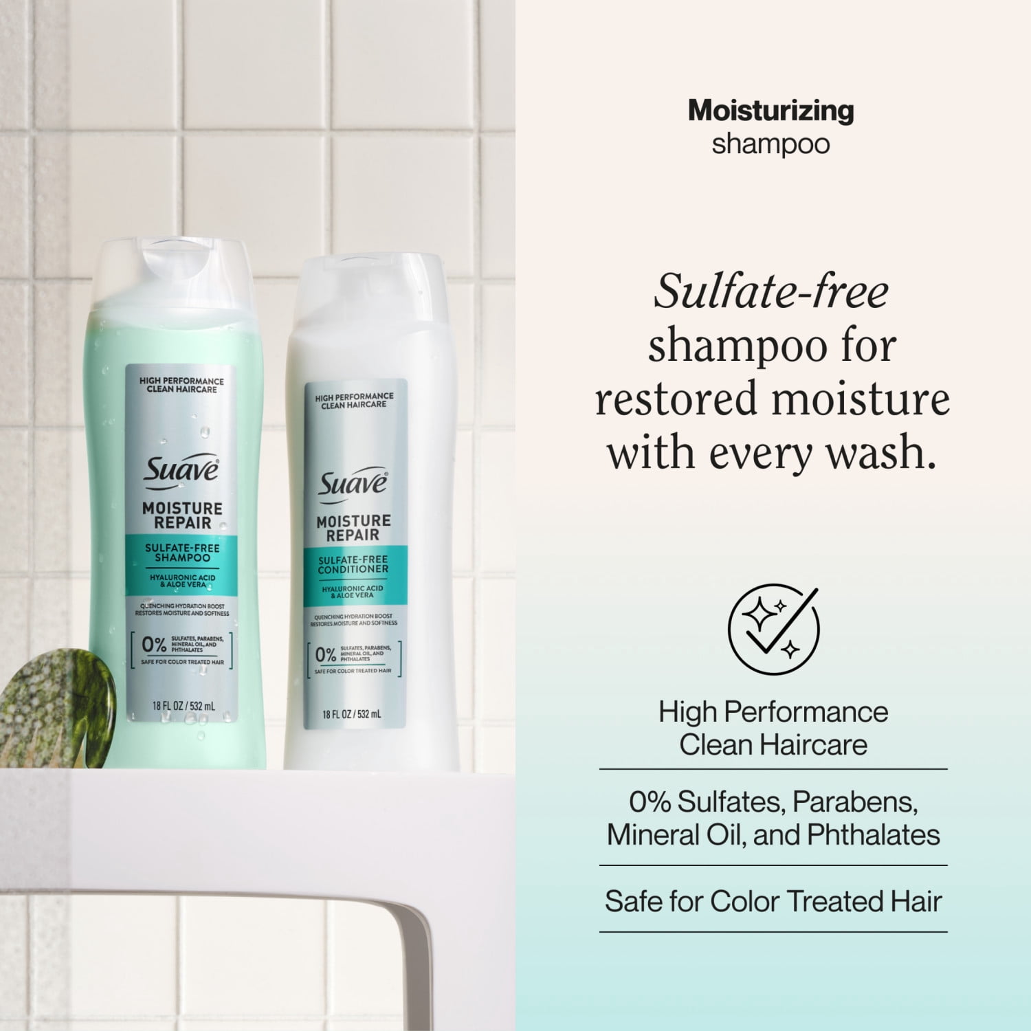 Suave Moisture Repair Sulfate-Free Shampoo with Hyaluronic Acid & Aloe Vera, 18 fl oz