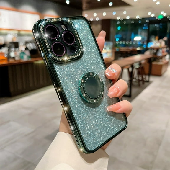 Allytechgroup for iPhone 17 Pro Case, with Ring Holder Stand Glitter Bling Rhinestone Design Clear Back Shell Slim Fit Shockproof Case Cover for Apple iPhone 17 Pro Women Girls, Green