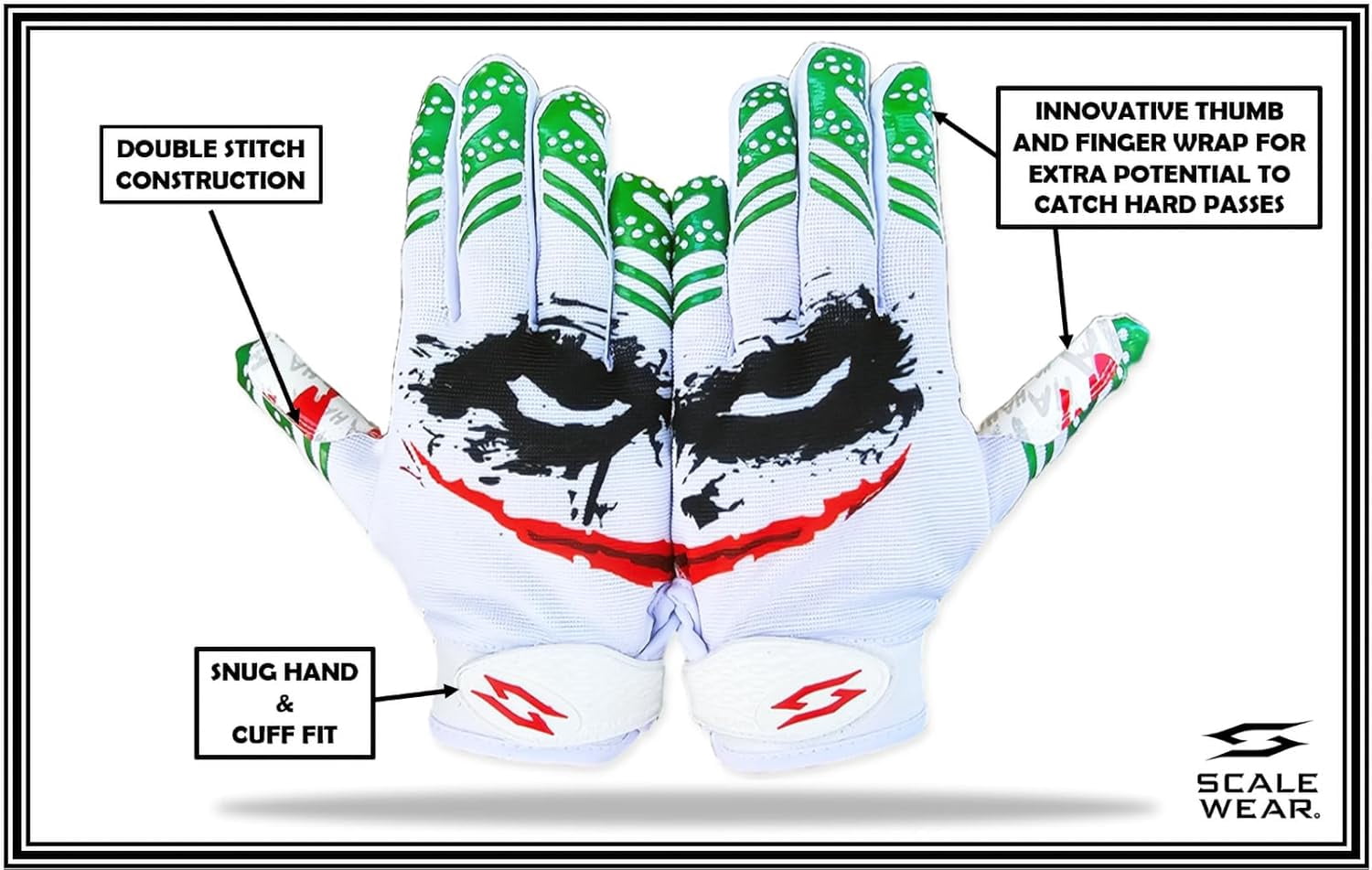 Joker Football Receiver Gloves White - Youth Adult Unleash Venom with Jester Stealth Elite Tacky Pro Grip Palms Men Kids Boys Small to XXL Sizes Battle College Lineman