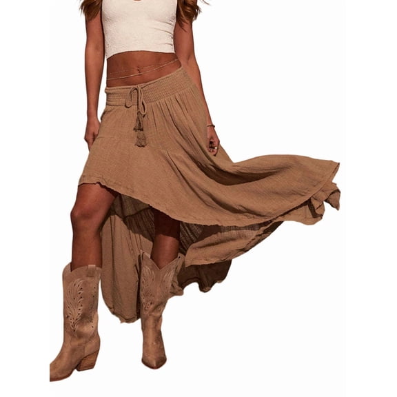Women'S Boho Maxi Skirt High Low Asymmetrical Ruffle Hem Flowy Western Skirt Camel Color XL