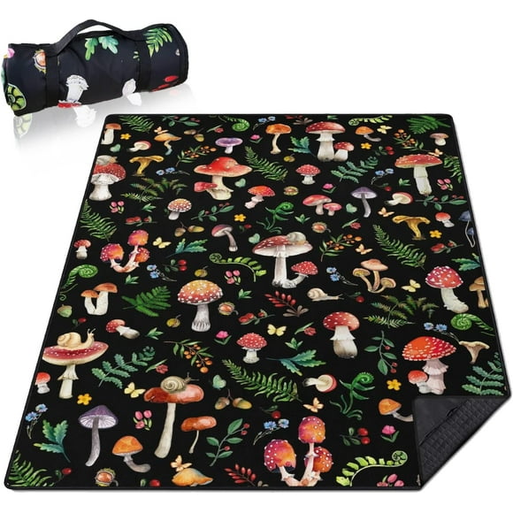 Couvertures de Pique-Nique Champignon Imperméables Pliables, 60"x80 Pouces Portatives à Double Couche pour Voyage en Plein Air Camping Randonnée Sac à Dos Randonnée Plage, Tapis de Couverture pour Gazon Rembourré Pelouse Parc Plage, Accessoires de Pique-Nique
