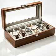 Wooden Watch Organizer Box, 6‑Slot Watch & Jewelry Storage Case with Glass Lid and Soft Pillows,Gift Idea