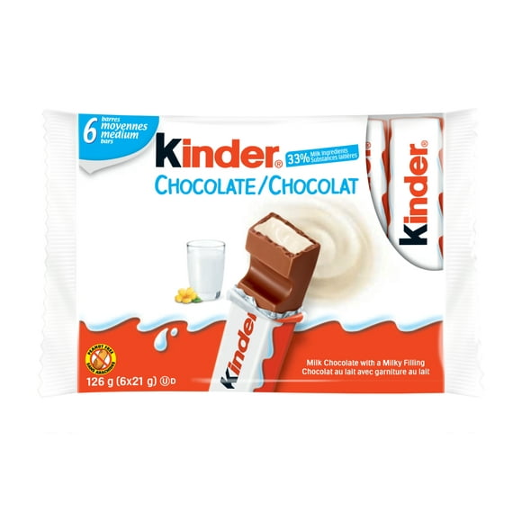 KINDER® CHOCOLATE/CHOCOLAT bar, Milk Chocolate Candy bar with a Milky Filling, 6-Pack, 126g