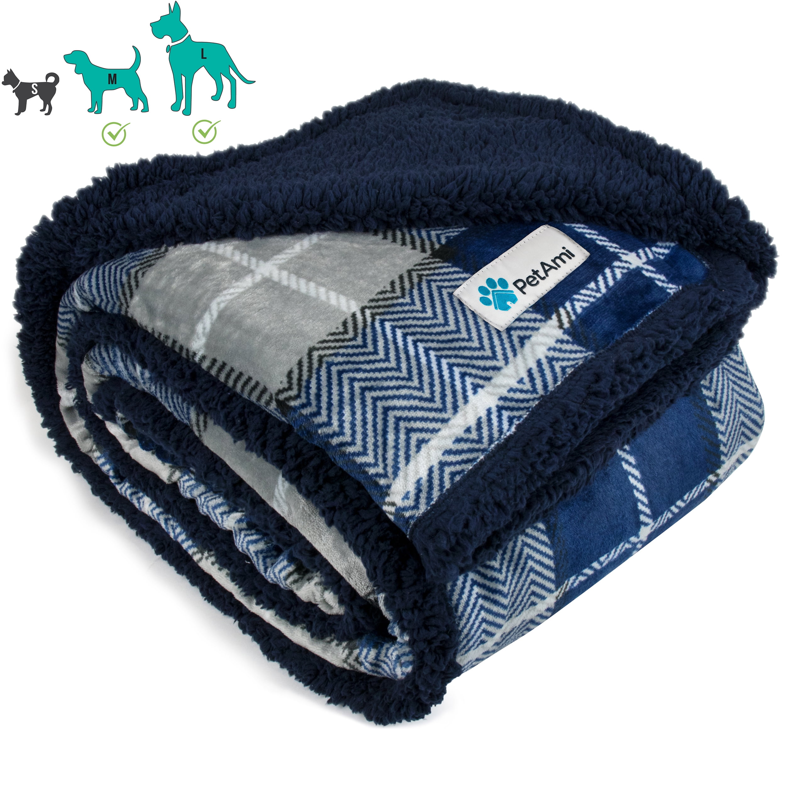 PetAmi Dog Blanket, Plaid Sherpa Dog Blanket Plush, Reversible, Warm Pet Blanket for Dog Bed