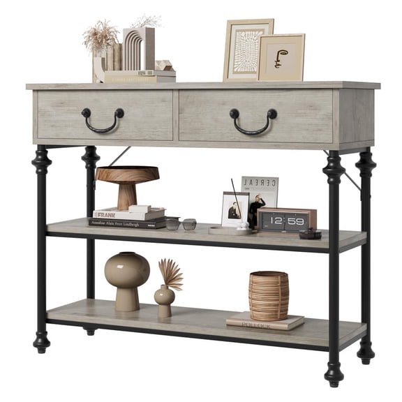 TROPOW Slim Industrial Console Table with 2 Drawers & 2 Shelves – 39.4” Space-Saving Entryway & Behind Couch Table, Vintage Brown Farmhouse Design for Hallway, Living Room & Small Spaces