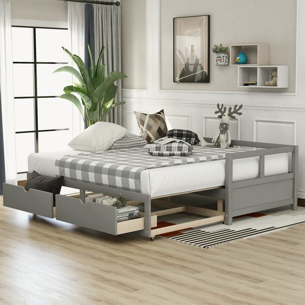 Twin Daybed with Trundle Bed and Two Storage Drawers, Wood Sofa Bed Frame with Pull Out Trundle