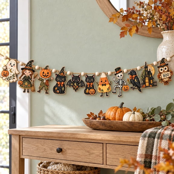 Garland, Vintage Halloween Pumpkin Ghost and Witch, Wooden and Felt Bead Decor