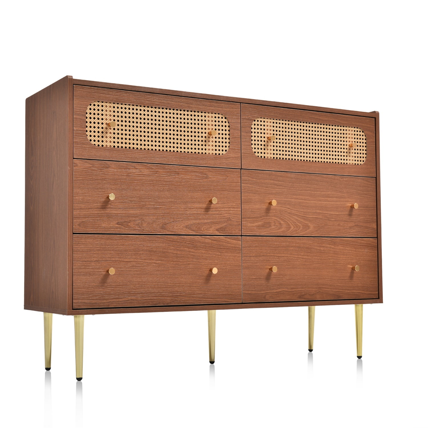 Kadyn 6 Drawer Dresser, Chest of Drawers with Metal legs, Rattan Nursery Dresser for Home Office, Natural Cherry Kadyn 6 Drawer Dresser, Chest of Drawers with Metal legs, Rattan Nursery Dresser for Home Office, Natural Cherry