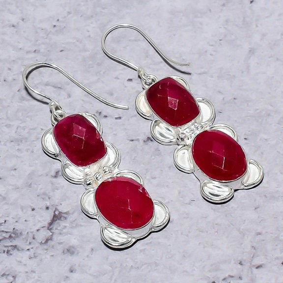 Ruby(Simulated) Gemstone Handmade 925 Sterling Silver Earring 2.25"