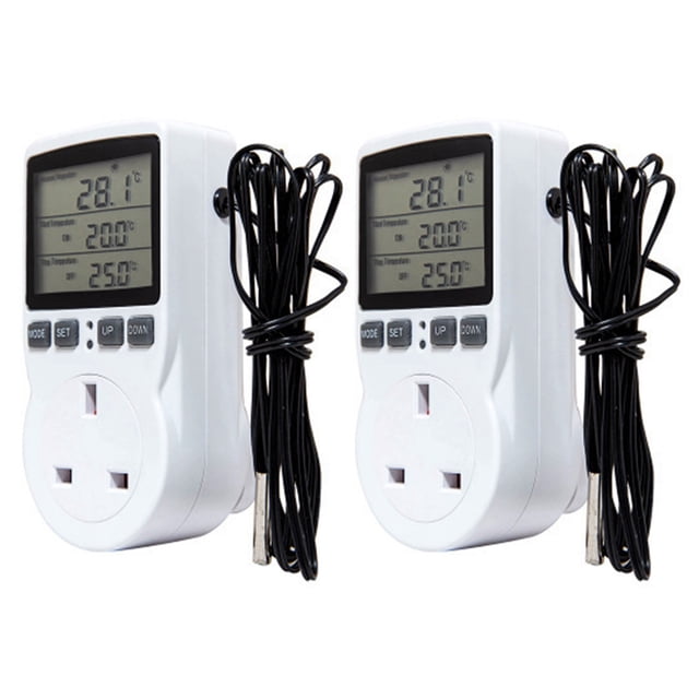 2X Digital Temperature Controller Thermostat Outlet Socket Plug Heating Cooling Timer for Homebrew Greenhouse UK Plug