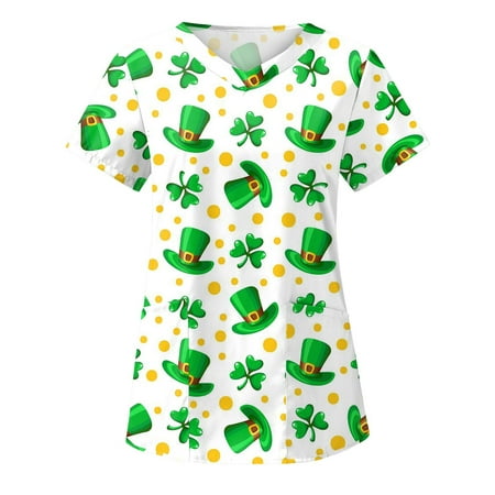 

Saint Patrick Printed Working Uniform Women Casual Tops Three Quarter Sleeves Crew Neck T Shirt Fashion Print Loose Pockets Scrubs Uniform Nurses