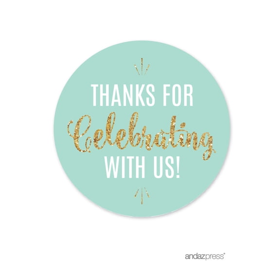 Signature Light Aqua, White, Gold Glittering Party, Circle Labels Stickers, Thanks for Celebrating With Us! 40-Pack