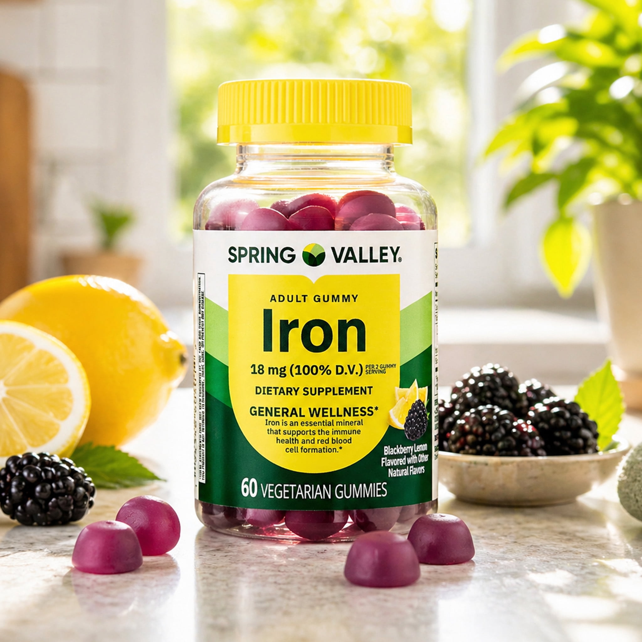 Spring Valley Iron Adult Vegetarian Gummies for General Wellness, Blackberry Lemon, 18 mg, 60 Count