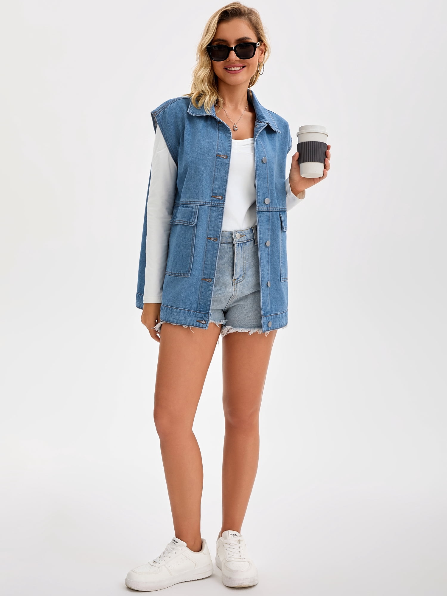 DARING DIVA Women's Button Down Oversized Sleeveless Utility Jean Jacket L Blue