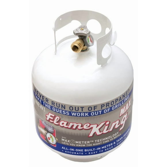 Flame King Propane Tank YSN230 20 Pounds Capacity; 17.8 Inch Height x 12.3 Inch Diameter; 6.5 Inch Collar Diameter; X-Ray And Hydrostatic Tested; Vacuum Purged; Powder Coated; White; Steel; With Gauge