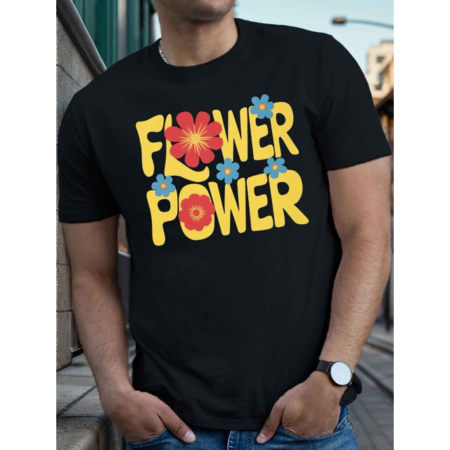 Camiseta gráfica "Flower Power" para hombre: camiseta informal de algodón blanco con estampado floral colorido, manga corta y cuello redondo para verano.