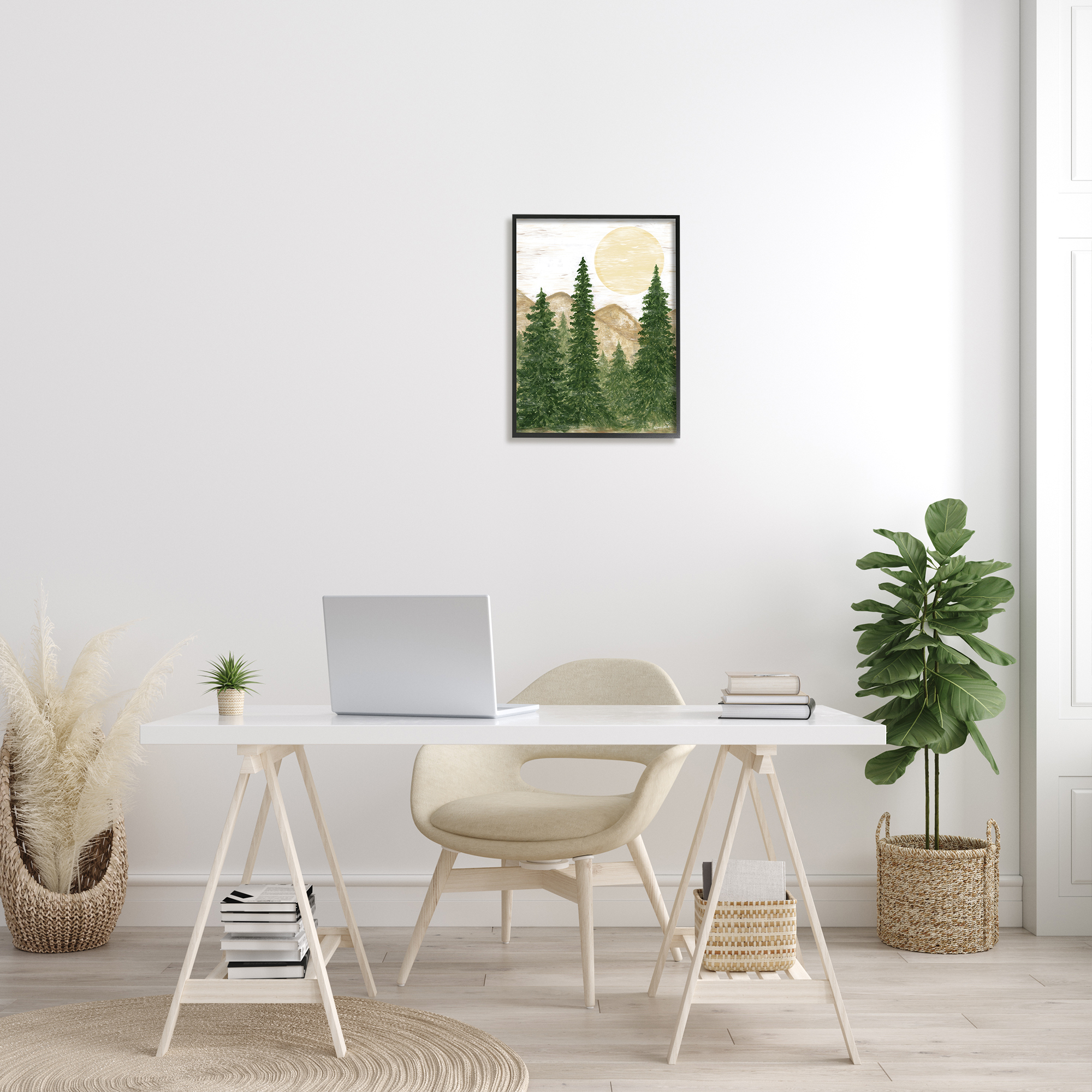 Stupell Rustic Mountain Sun Forest Trees Landscape Painting Black Framed Art Print Wall Art