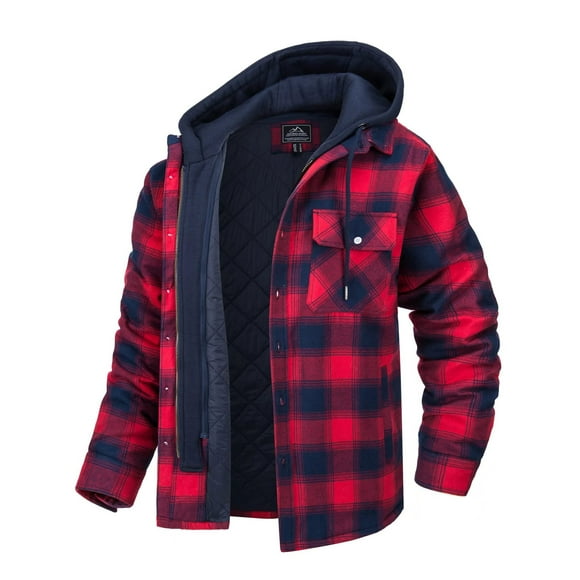 MAWCLOS Men's Flannel Hooded Coat Winter Plaid Jackets Black Red 2XL