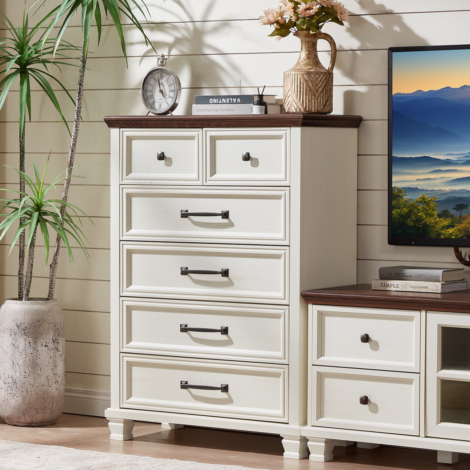 LELELINKY 6 Drawer White Dresser, Wood Storage Cabinet with Easy Pull Out Handles for Living Room,Chest of Drawers for Bedroom