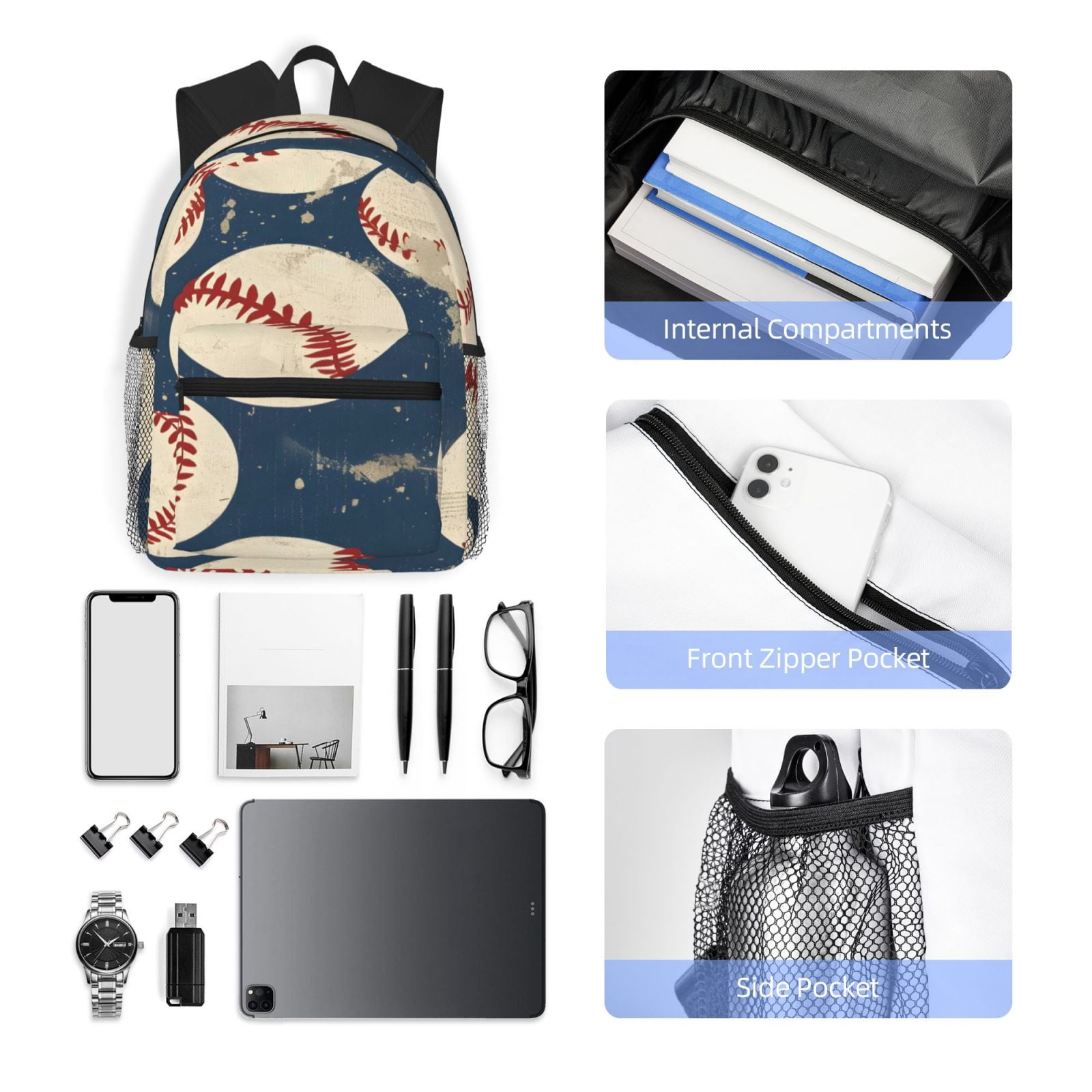 Casual Backpack Water Resistant Lightweight Daypack For Work Travel Hiking Camping Laptop Compartment & Side Mesh Pockets Vintage Baseball Theme