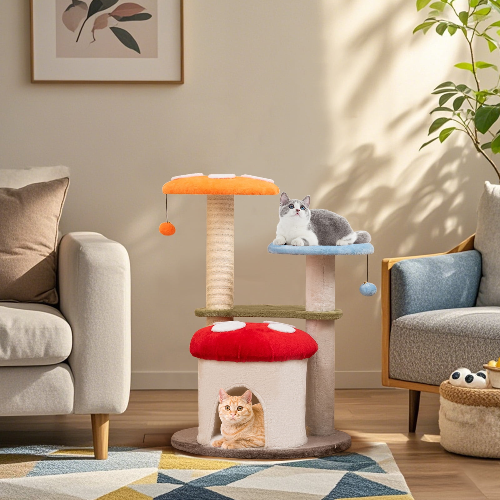 Gymax Cute Mushroom Cat Tree 35'' Tall Cat Tower w/ Sisal Scratching Posts Cat Condo