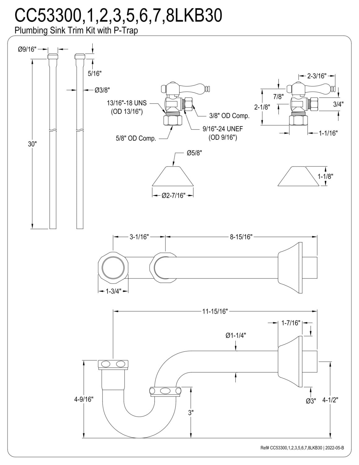 Kingston Brass CC53300LKB30 Standard Mount Traditional Plumbing Sink Trim Kit with P-Trap, Matte Black