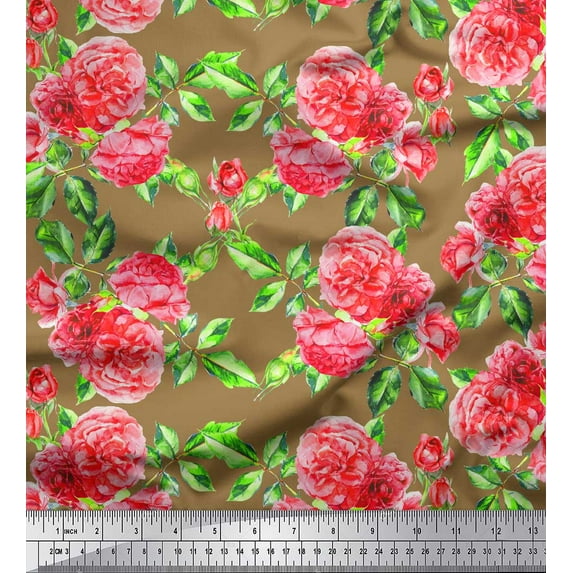 Soimoi Crepe Silk Fabric Leaves & Peony Floral Print Fabric by Yard 42 Inch Wide