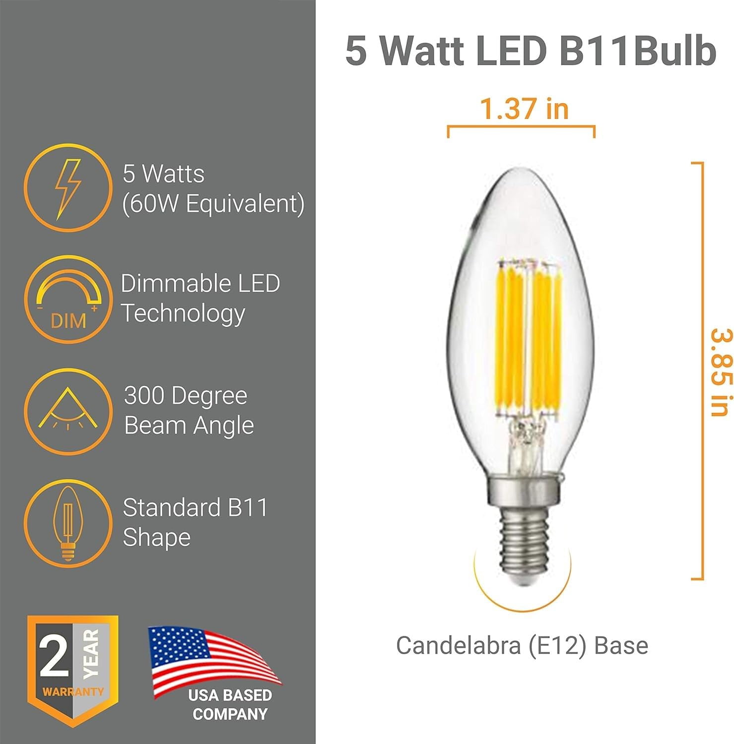 Diodesy- Pack of 6 CTC/LED/FS/5W/E12/D/CL/50K E12 LED Candelabra Dimmable Light Bulb, 5W (60-Watt Equivalent), 5000K Bright White, B11 Edison Bulb for Chandeliers and Ceiling Fan, 600LM, UL Listed
