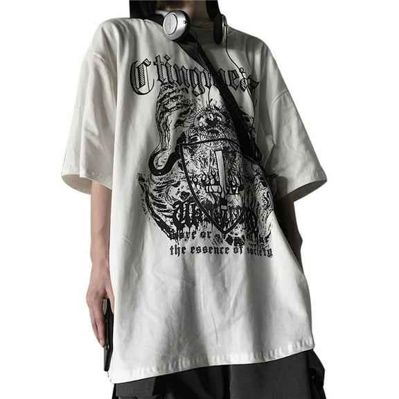 YUTIPGER Women Men Dark Goth Short Sleeve T-Shirt Harajuku Punk for Cross Shield Graphic Letters Print Loose Hip Hop Oversized To