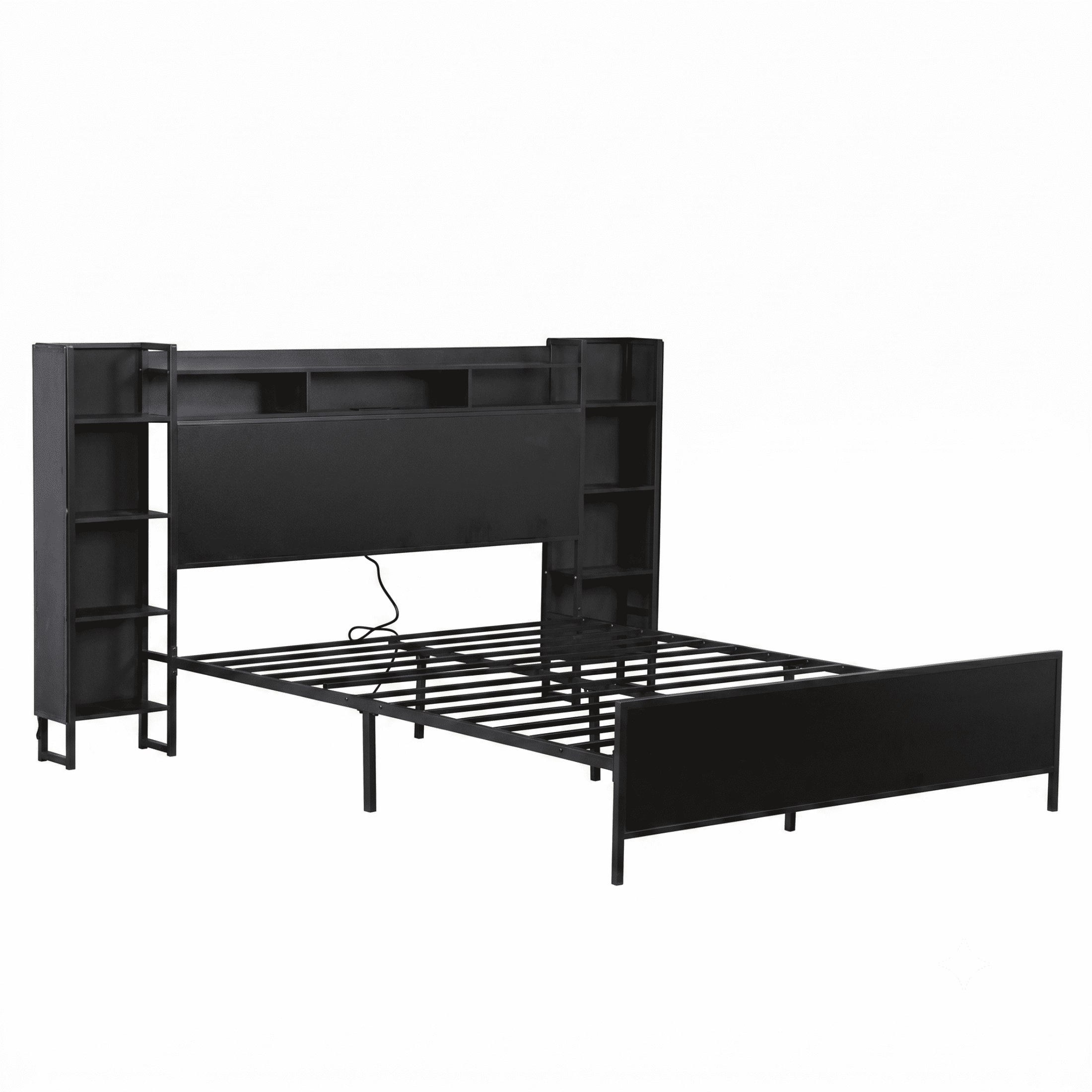 Aukfa Full Bed Frame with Storage Headboard, USB Charging Station & LED Lights, Heavy Duty Metal Platform Bed with Outlets, No Box Spring Needed, Black