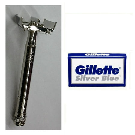 Double Edge Safety Razor + Gillette Silver Blues Double Edge Blades, 5 ct. (Pack of 1) + Makeup