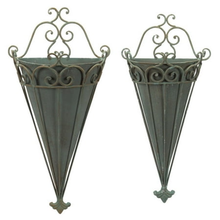 Set Of 2 Antique Gray Scrolled Metal Flower Pot Wall Sconces 29 Set Of 2 Antique Gray Scrolled Metal Flower Pot Wall Sconces 29