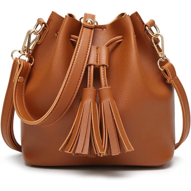 LHSHIDU Womens Mini Bucket Bag Leather Drawstring Handbag Tassel Shoulder Purse Retro Crossbody Wallet with Adjustable Straps