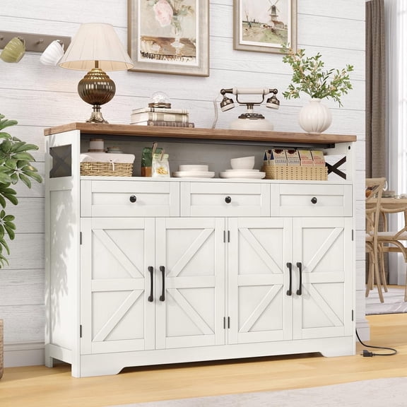 Vabches Farmhouse Buffet Cabinet with Drawers and 4 Barn Doors, 60" Wood Sideboard Storage Cabinet with Open Shelf for Kitchen, Living Room, Hallway, White