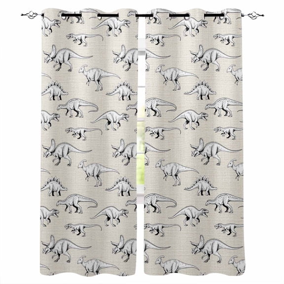 Vintage Dinosaur Blackout Curtains 96 Inch Length 2 Panels Set, Primitive Animals Wildlife Hand-painting Beige Full Shading Curtains for Windows, Blackout Curtains for Bedroom Living Room 52"x96"
